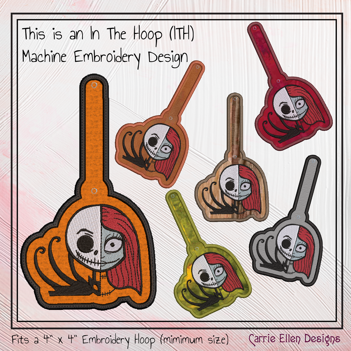 Jack Skellington ITH Key Fob Machine Embroidery Design | Sally and Jack Halloween Themed In-The-Hoop Key Tag Pattern (2801)
