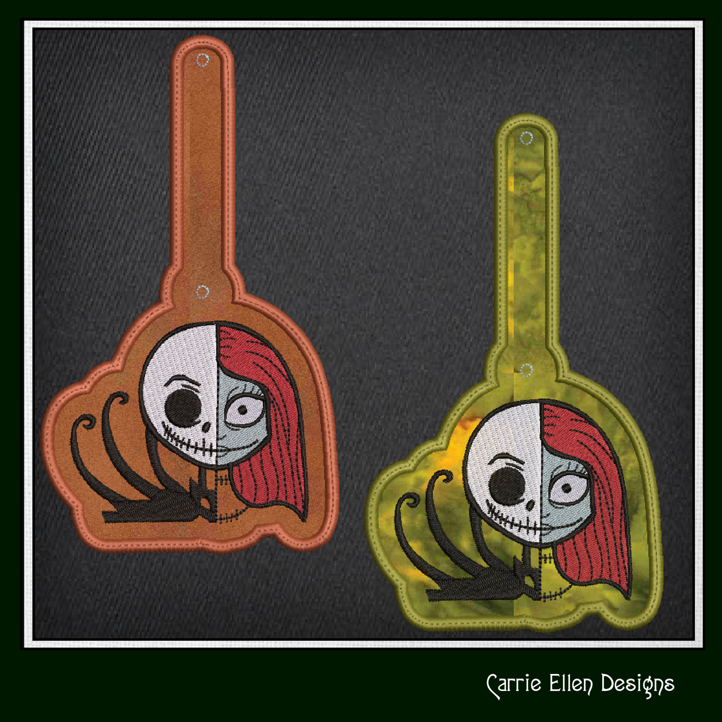 Jack Skellington ITH Key Fob Machine Embroidery Design | Sally and Jack Halloween Themed In-The-Hoop Key Tag Pattern (2801)