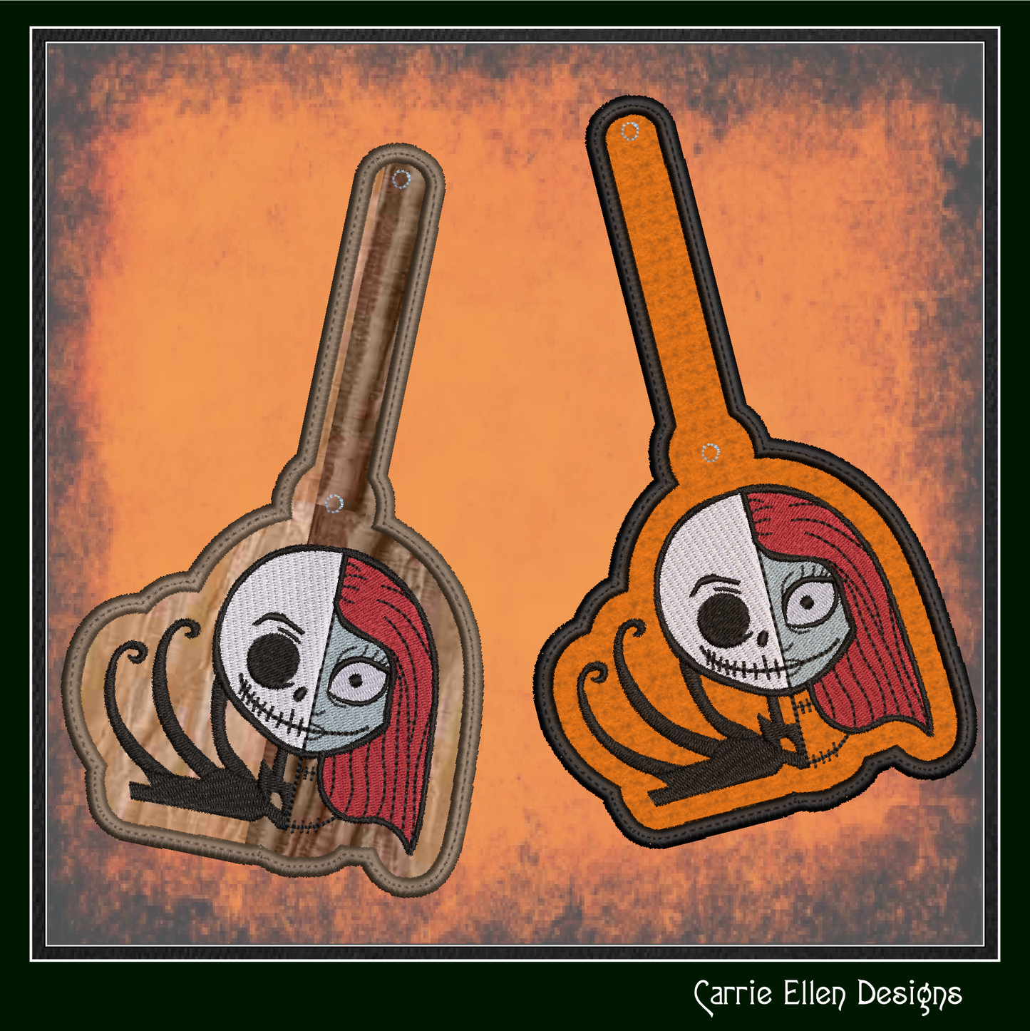 Jack Skellington ITH Key Fob Machine Embroidery Design | Sally and Jack Halloween Themed In-The-Hoop Key Tag Pattern (2801)