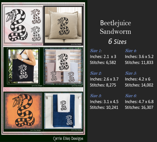 Sandworm Machine Embroidery Design, Beetlejuice Sandworm Snake Horror Villains, Never Trust The Living, 6 Sizes (2811)