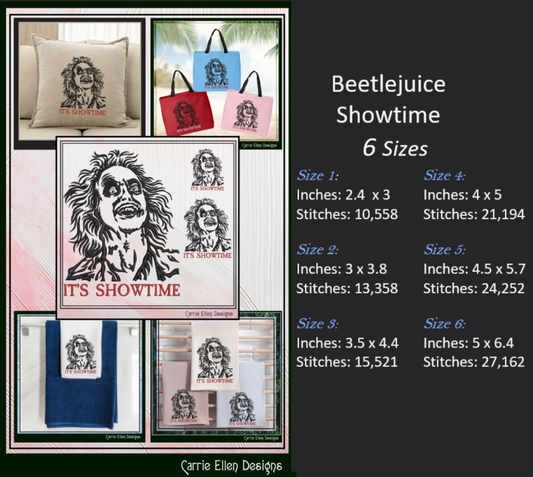 Its Showtime Movie Quote Machine Embroidery Design, Beetlejuice Halloween Themed Film Design, 6 Sizes (2817)