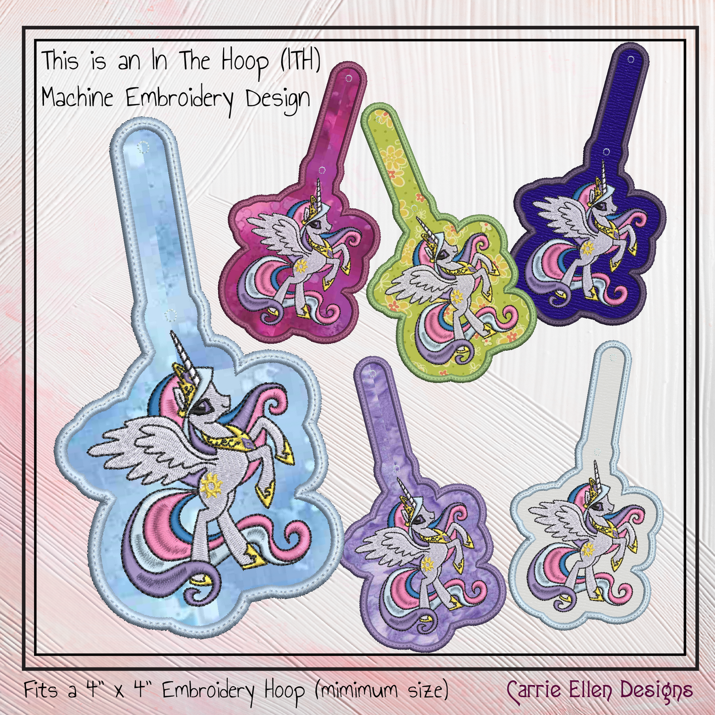 Princess Celestia ITH Key Fob Machine Embroidery Design | My Little Pony Inspired In-The-Hoop Bag Tag Project (2830)