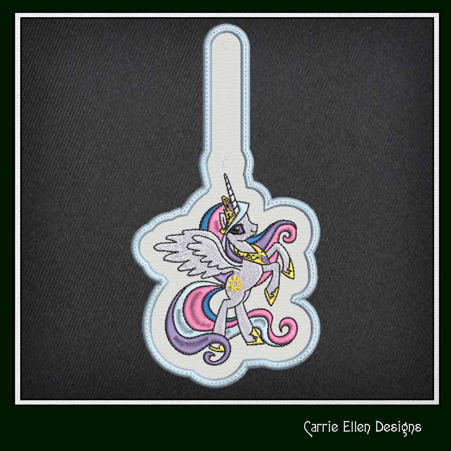 Princess Celestia ITH Key Fob Machine Embroidery Design | My Little Pony Inspired In-The-Hoop Bag Tag Project (2830)