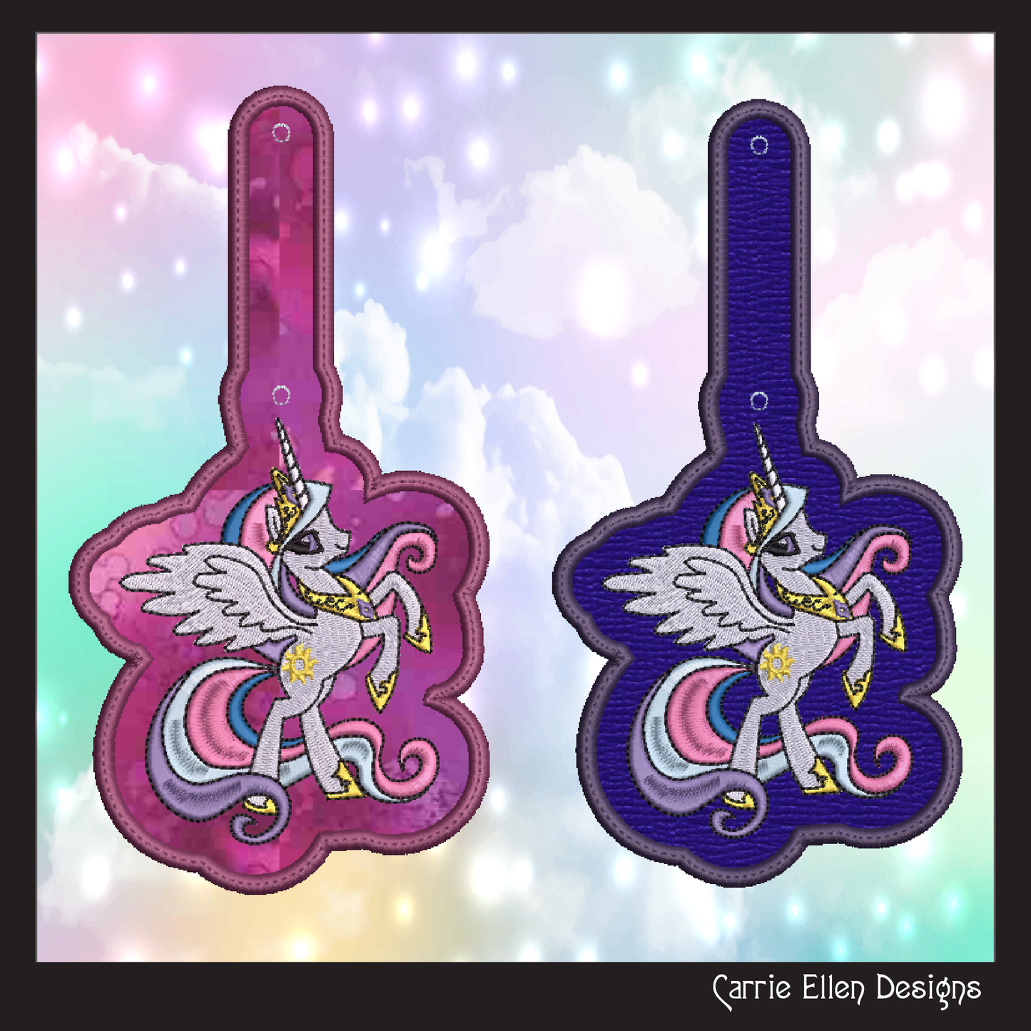 Princess Celestia ITH Key Fob Machine Embroidery Design | My Little Pony Inspired In-The-Hoop Bag Tag Project (2830)