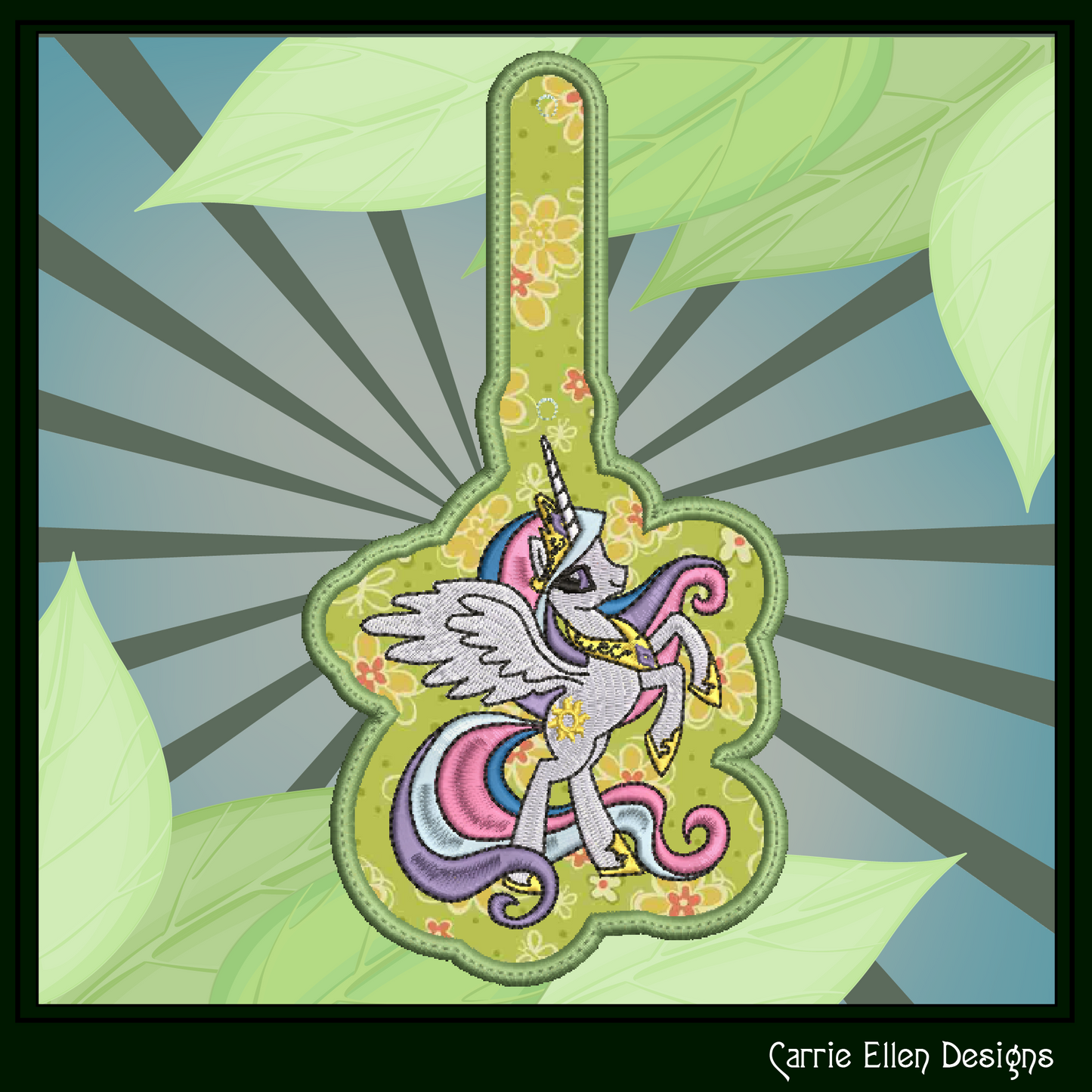 Princess Celestia ITH Key Fob Machine Embroidery Design | My Little Pony Inspired In-The-Hoop Bag Tag Project (2830)