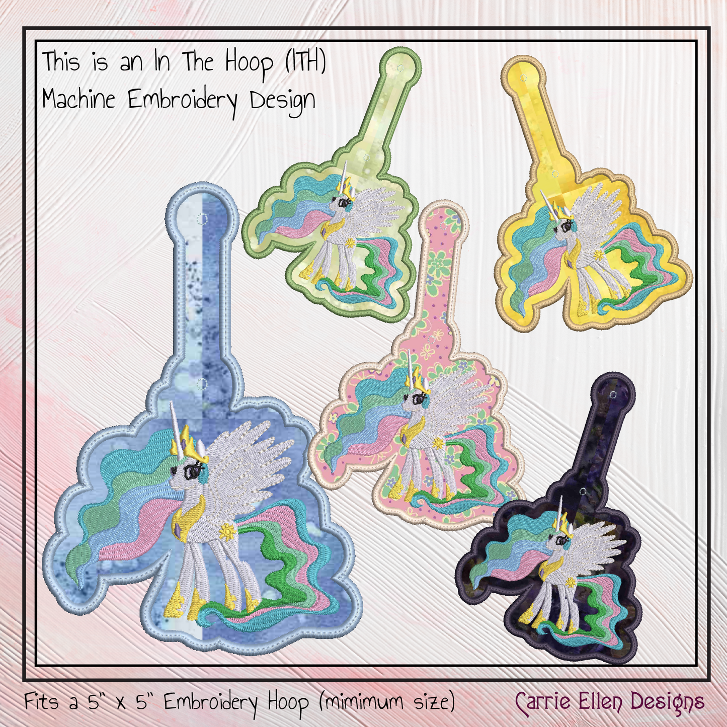 Princess Celestia ITH Key Fob Machine Embroidery Design | My Little Pony Inspired In-The-Hoop Bag Tag Project (2832)