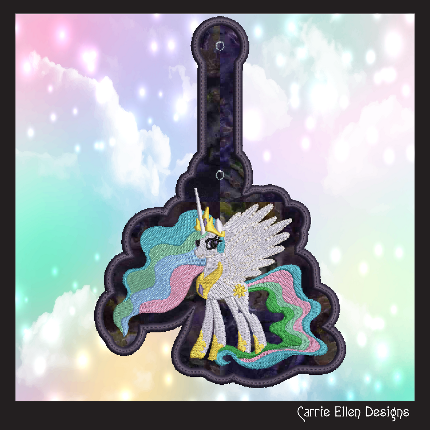 Princess Celestia ITH Key Fob Machine Embroidery Design | My Little Pony Inspired In-The-Hoop Bag Tag Project (2832)