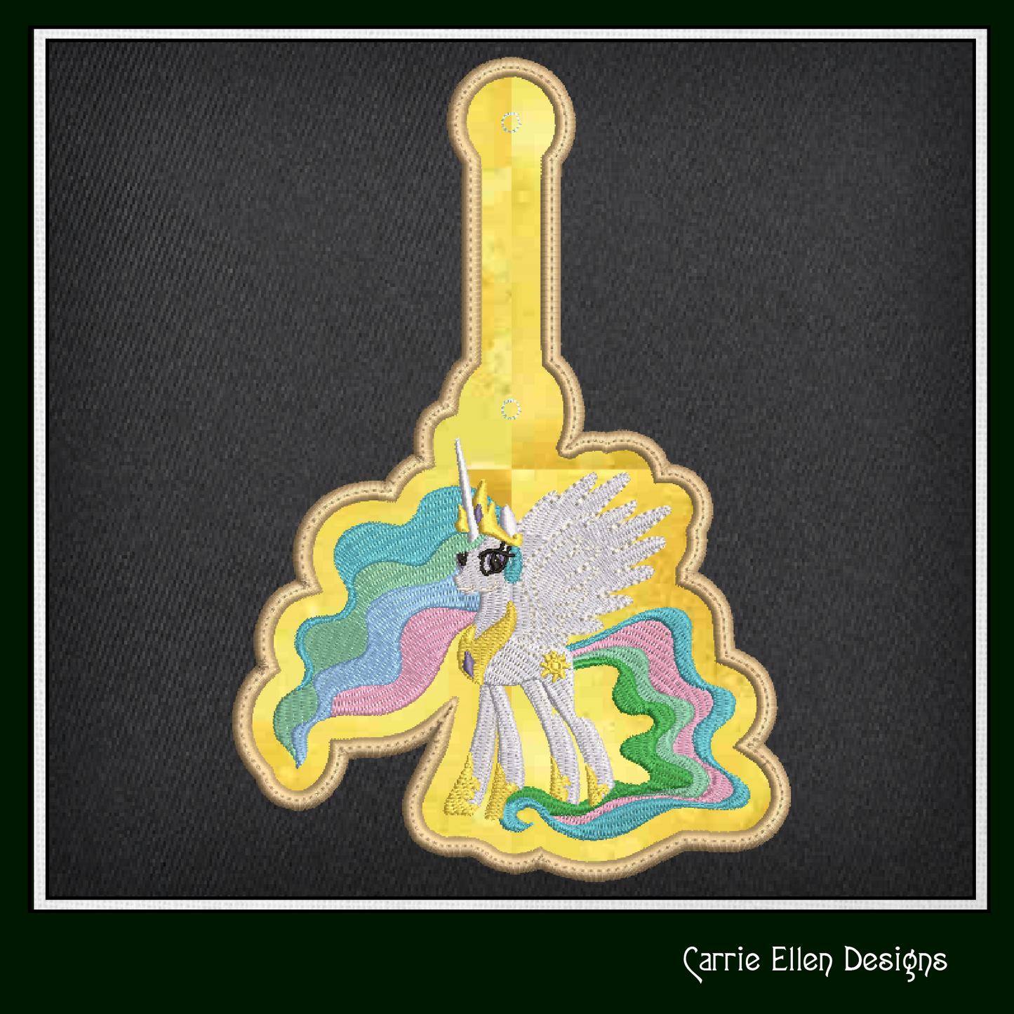 Princess Celestia ITH Key Fob Machine Embroidery Design | My Little Pony Inspired In-The-Hoop Bag Tag Project (2832)