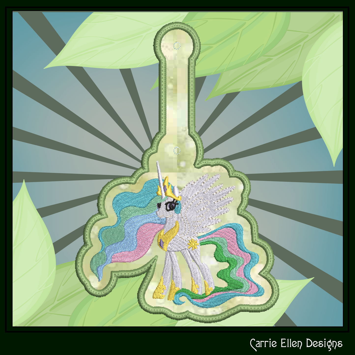 Princess Celestia ITH Key Fob Machine Embroidery Design | My Little Pony Inspired In-The-Hoop Bag Tag Project (2832)