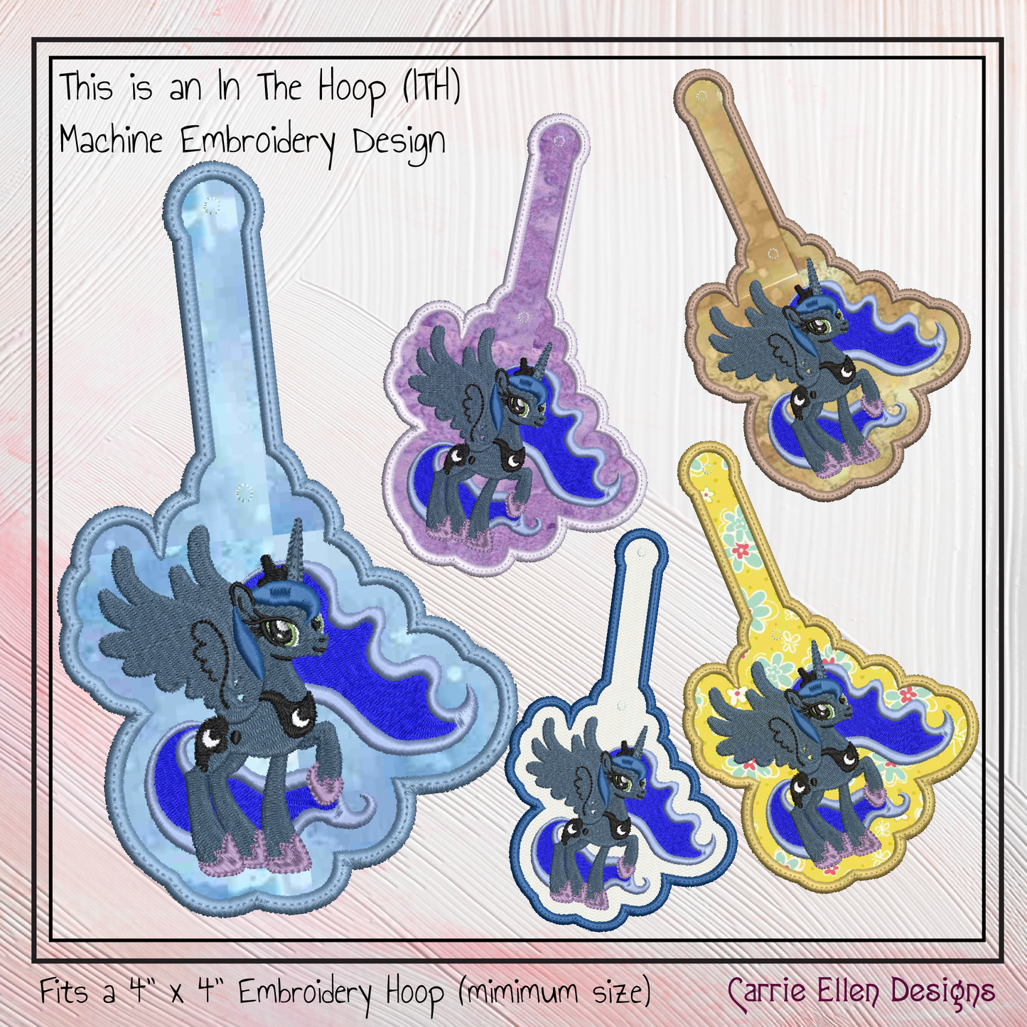 Princess Luna ITH Key Fob Machine Embroidery Design | My Little Pony Inspired In-The-Hoop Bag Tag Project (2835)