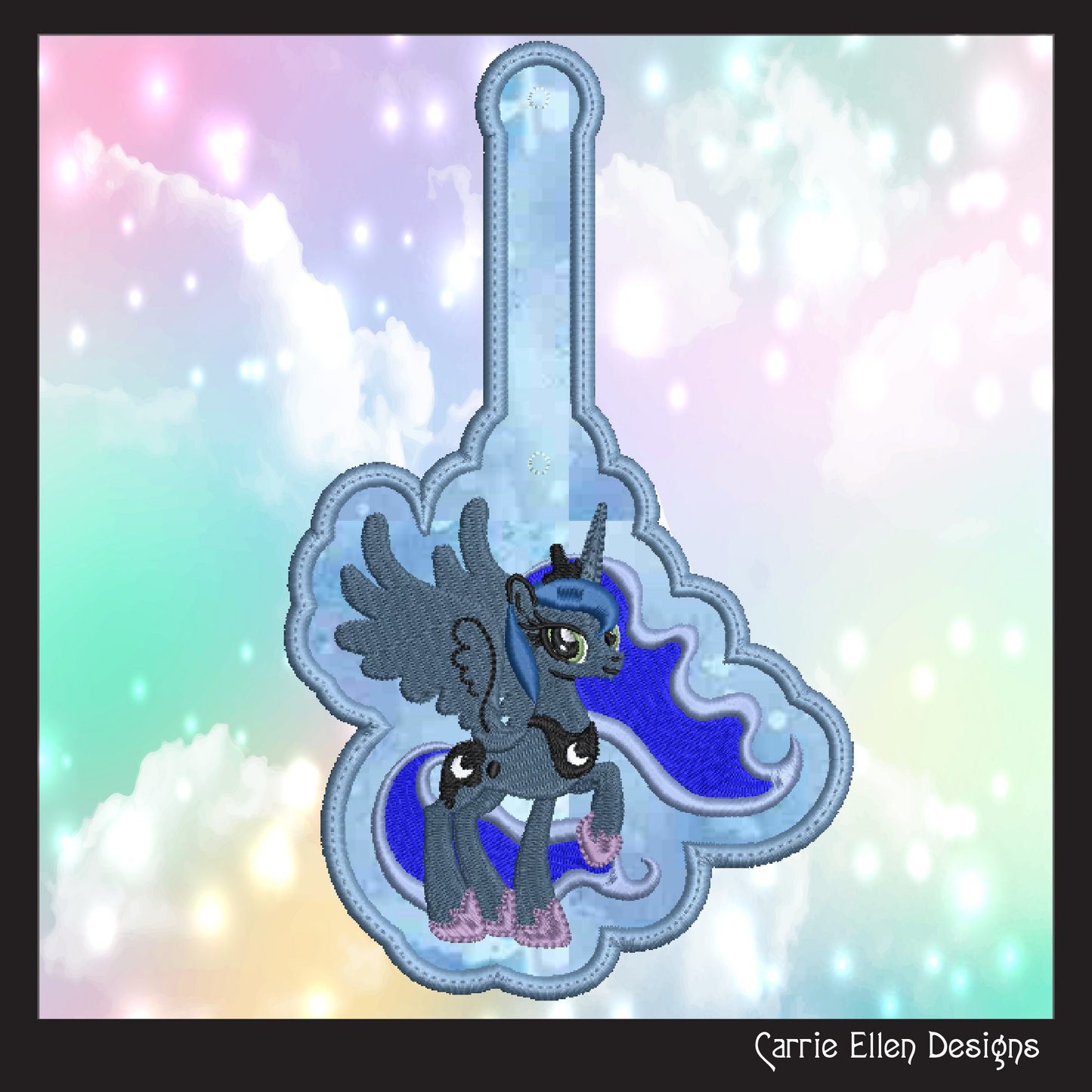 Princess Luna ITH Key Fob Machine Embroidery Design | My Little Pony Inspired In-The-Hoop Bag Tag Project (2835)