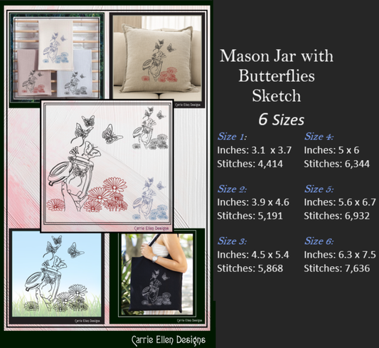 Mason Jar with Butterflies & Flowers – Whimsical Line Art Machine Embroidery Design | Garden Nature Theme, 6 Sizes (2849)