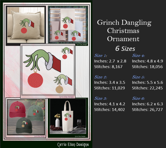 Christmas Grinch Machine Embroidery Design, Grinch Hand Dangling Christmas Ornament Pattern, Ball Cap, 6 Sizes (2867)