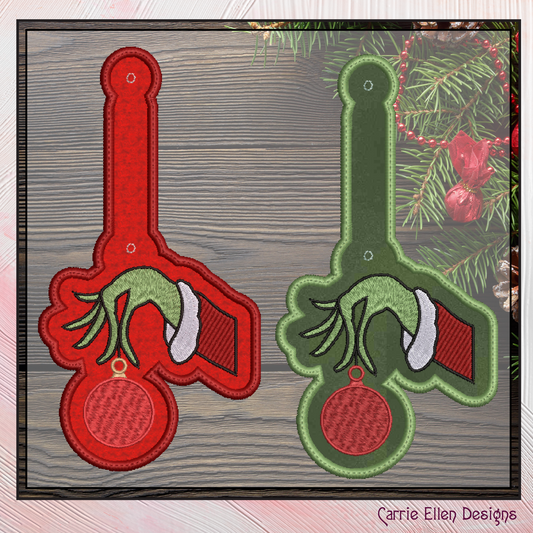 Christmas Grinch ITH Key Tag Machine Embroidery Design | In-The-Hoop Holiday Key Fob Project (2869)
