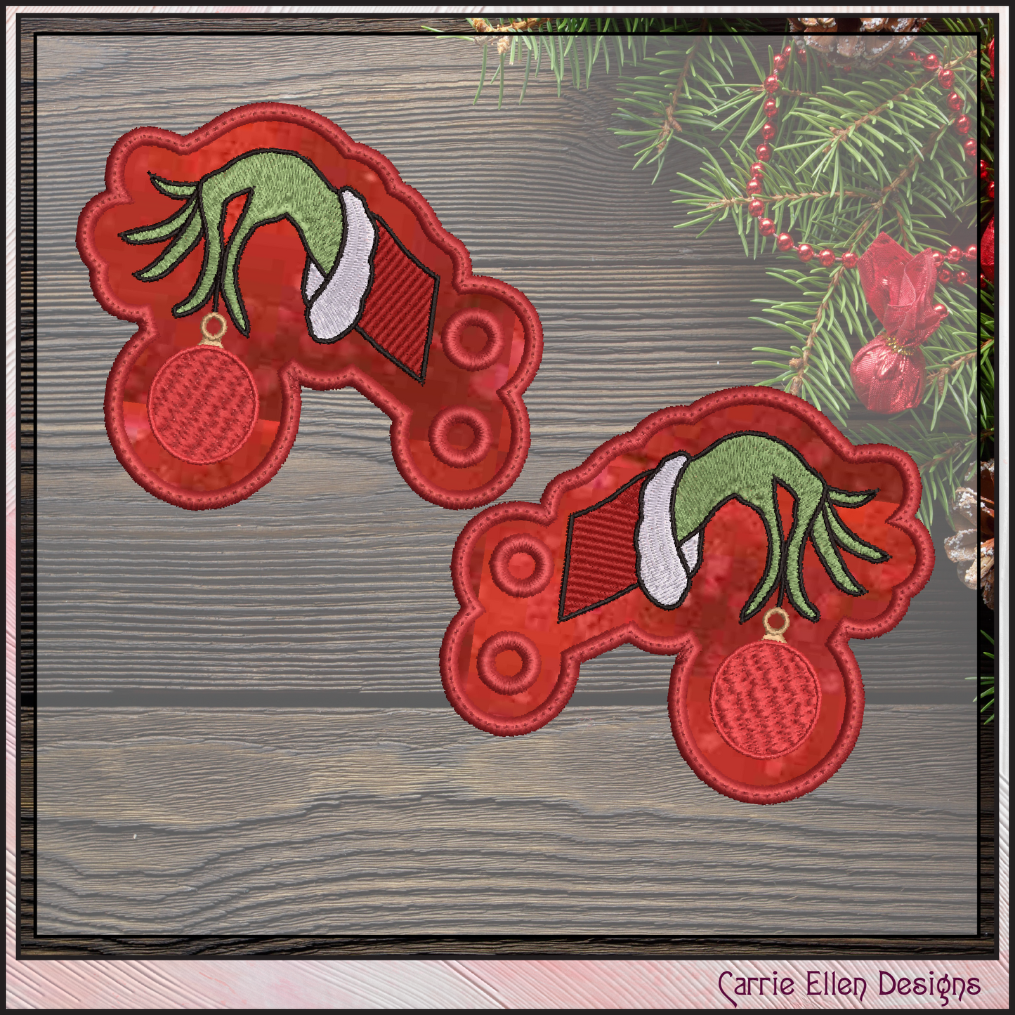 Christmas Grinch ITH Shoe Wings, Machine Embroidery Holiday Shoelace Charms, Grinch Dangling X-mas Ornament (2870)