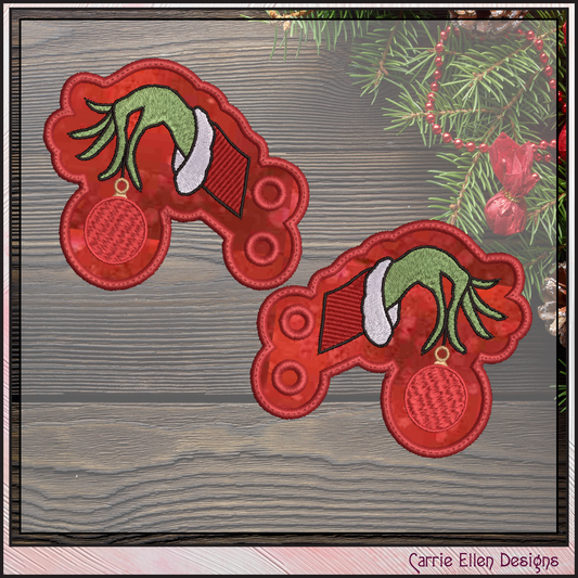 Christmas Grinch ITH Shoe Wings, Machine Embroidery Holiday Shoelace Charms, Grinch Dangling X-mas Ornament (2870)
