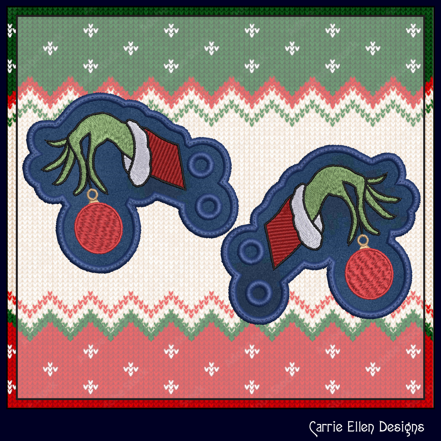 Christmas Grinch ITH Shoe Wings, Machine Embroidery Holiday Shoelace Charms, Grinch Dangling X-mas Ornament (2870)