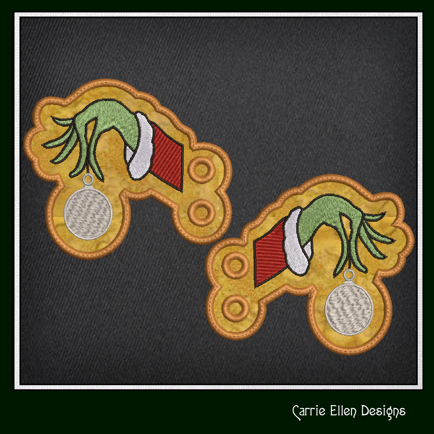 Christmas Grinch ITH Shoe Wings, Machine Embroidery Holiday Shoelace Charms, Grinch Dangling X-mas Ornament (2870)