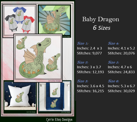 Baby Dragon Machine Embroidery Design | Fantasy Dragon Stitch File | Whimsical Dragon Embroidery Pattern | Kawaii Magical Creature , 6 Sizes, (2880)