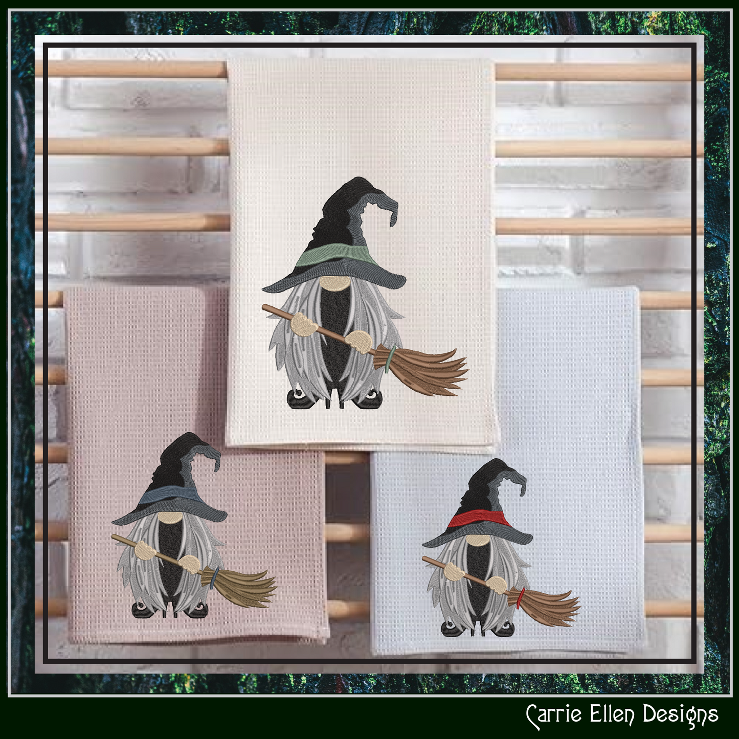 Witch Gnome with Broomstick Machine Embroidery Design, Halloween Theme Gnome Design, 6 Sizes (2896)