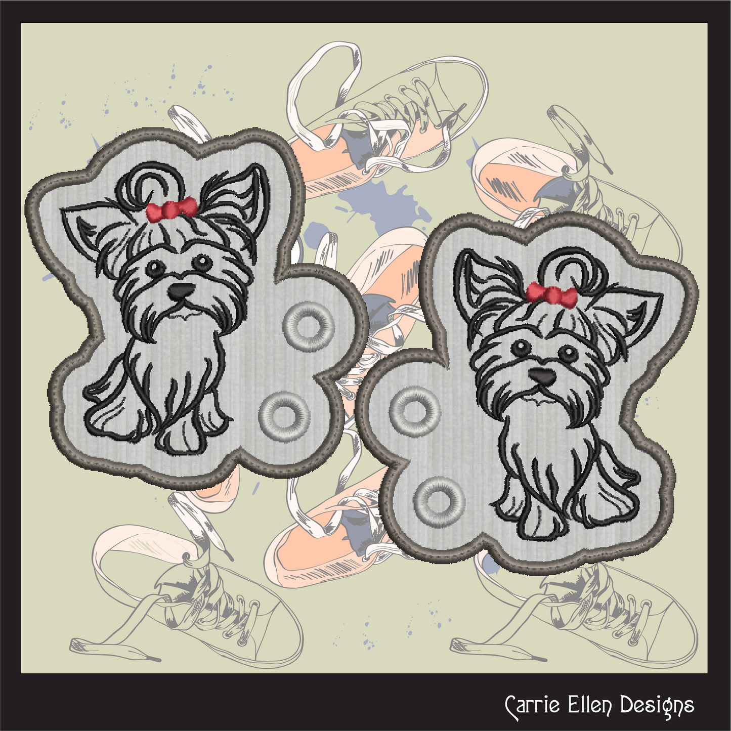 Yorkshire Terrier Shoe Wings ITH Machine Embroidery Design | Yorkie Dog Lace-Up Sneaker Accessory | Cute Puppy Shoe Charm Embroidery File (2901)