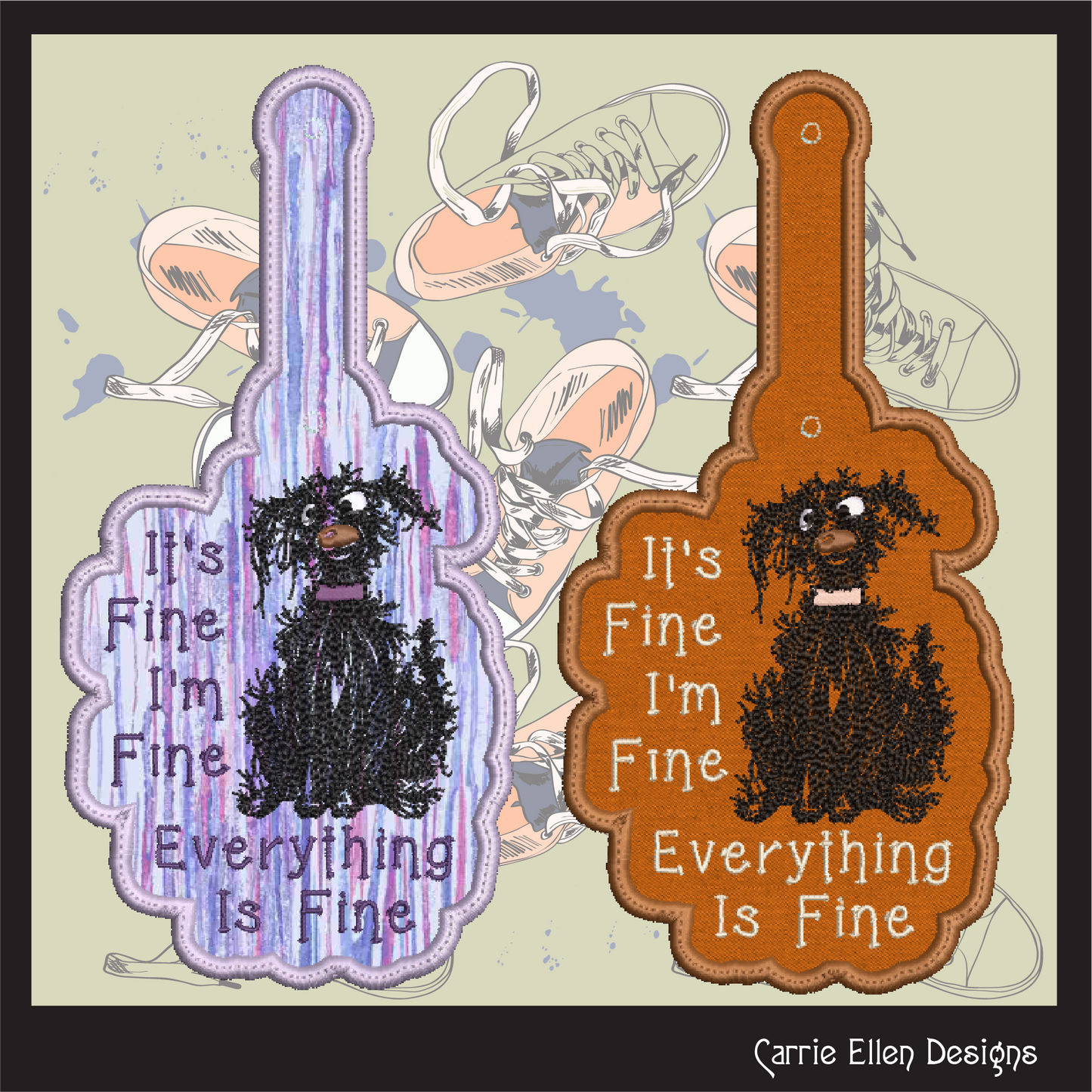 I'm Fine Dog ITH Key Fob Machine Embroidery Design | Everything Is Fine Neurotic Dog In-The-Hoop Project (2950)