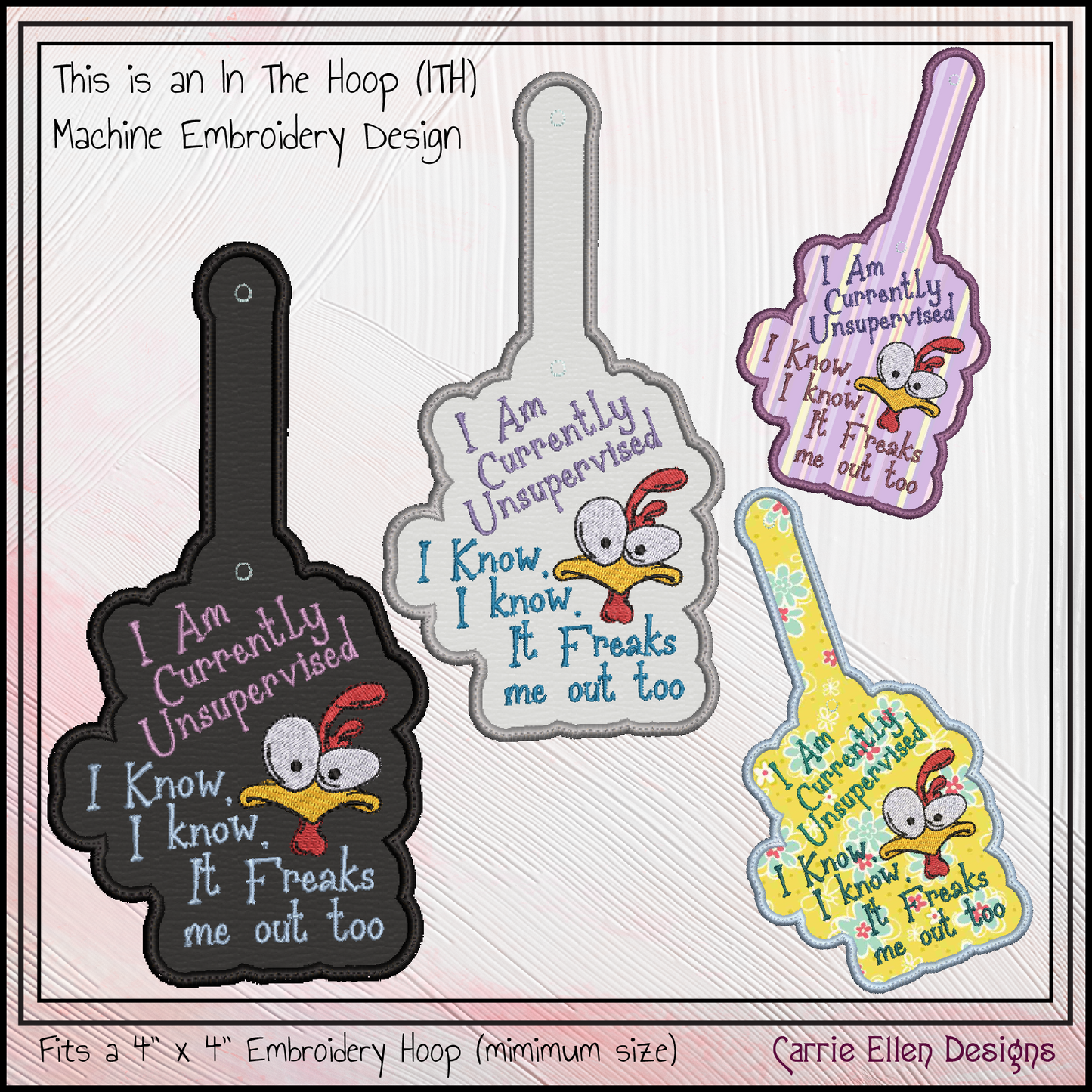 Currently Unsupervised Chicken ITH Key Fob Machine Embroidery Design | Funny In-The-Hoop Key Tag Project (2951)