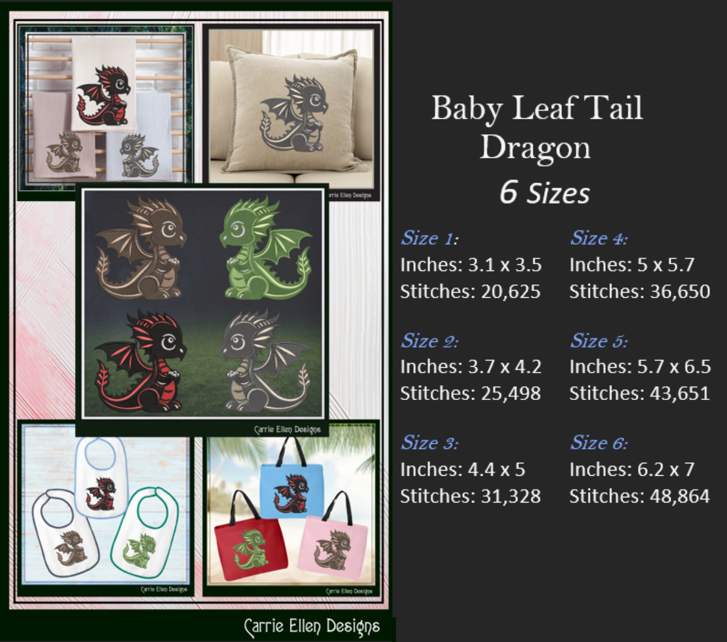 Adorable Baby Dragon Machine Embroidery Design, Cute Fantasy Animal, Leaf Tail Dragon, 6 Sizes (2977)
