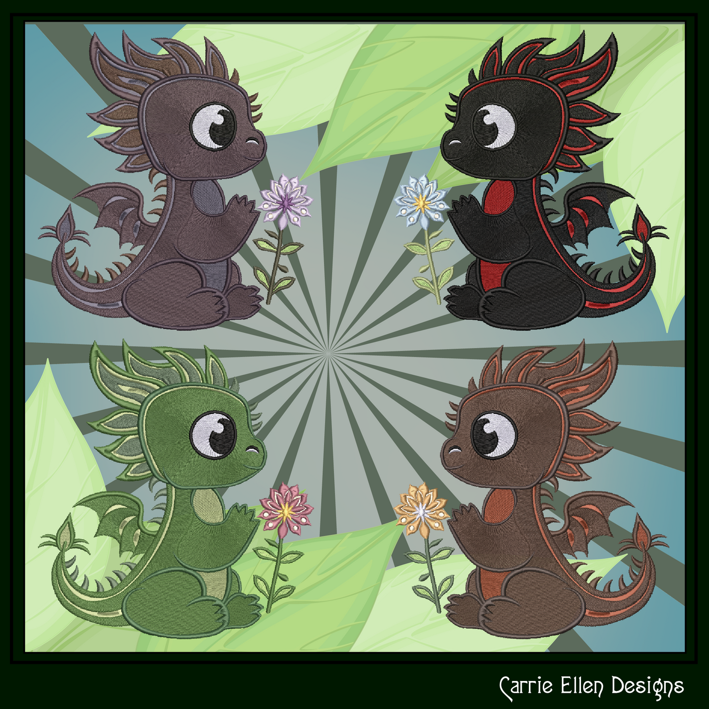 Adorable Baby Dragon Machine Embroidery Design, Cute Fantasy Animal Dragon with Flower, 6 Sizes (2979)