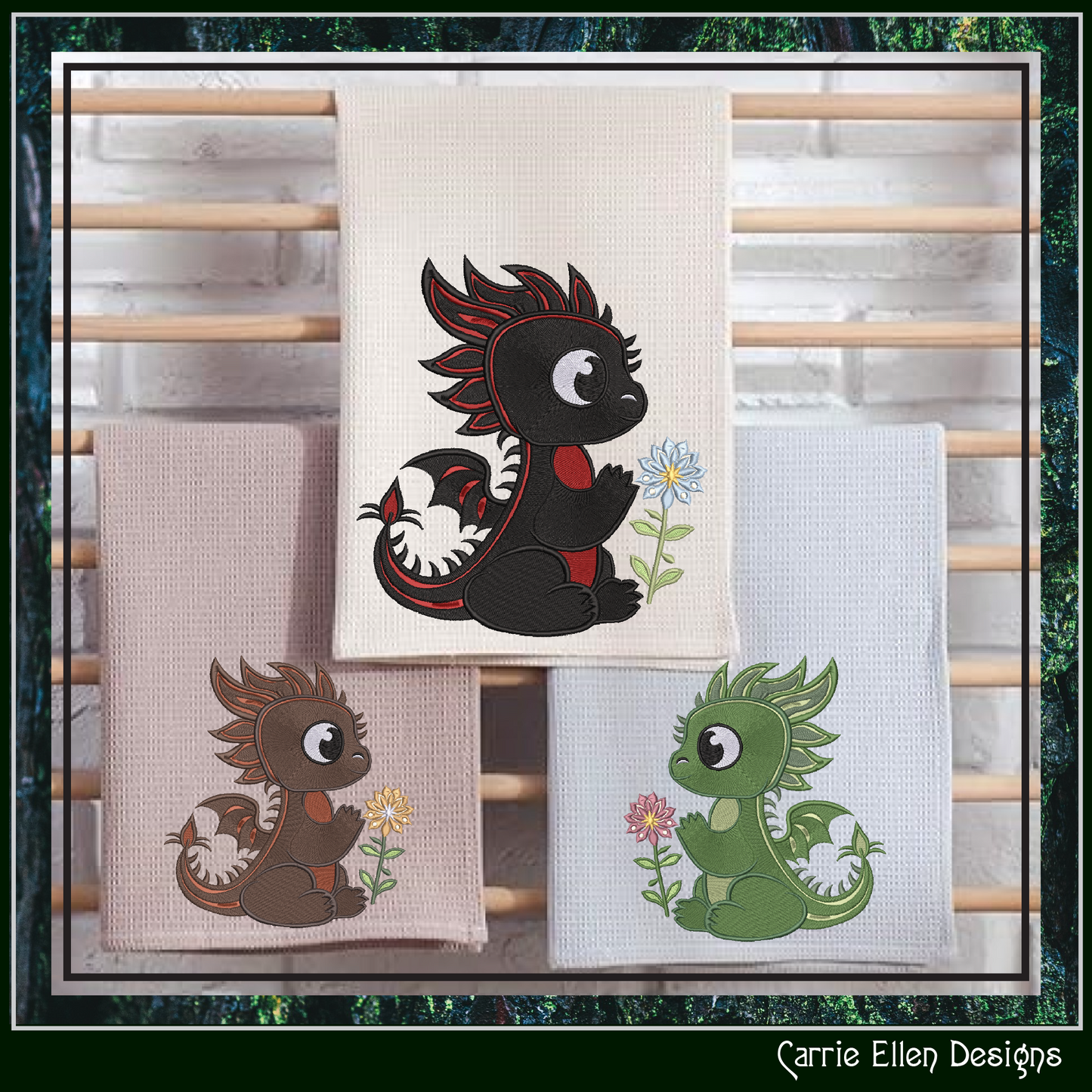 Adorable Baby Dragon Machine Embroidery Design, Cute Fantasy Animal Dragon with Flower, 6 Sizes (2979)
