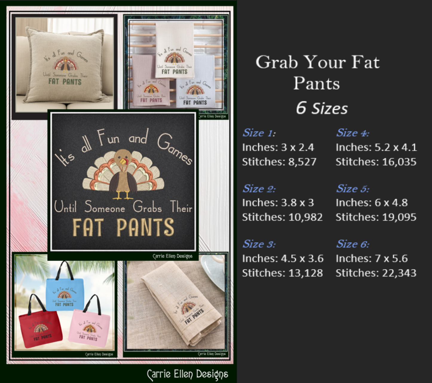 Fun Thanksgiving Machine Embroidery Design, Grab Your Fat Pants Snarky Embroidery, Sarcastic Funny Turkey Saying, 6 Sizes (2987)