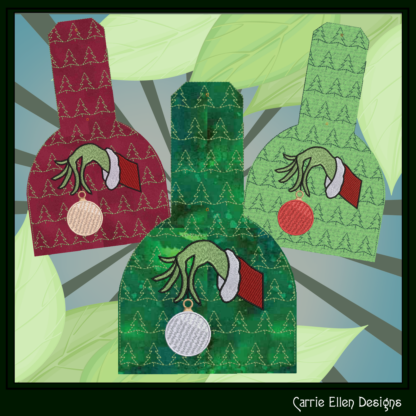 Grinch Towel Topper ITH Embroidery Design, Christmas Holiday X-Mas Character In The Hoop Towel Hanger Design (3010)