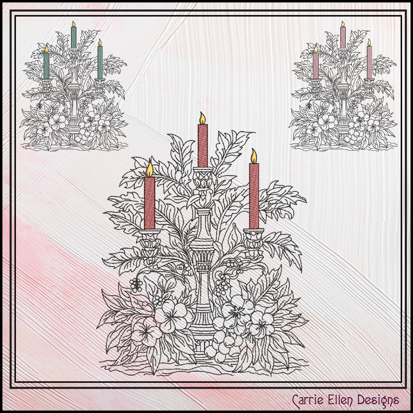 Elegant Floral Candle Centerpiece Machine Embroidery Design, Artistic Candelabra Sketch, Holiday Design, 6 Sizes (3025)