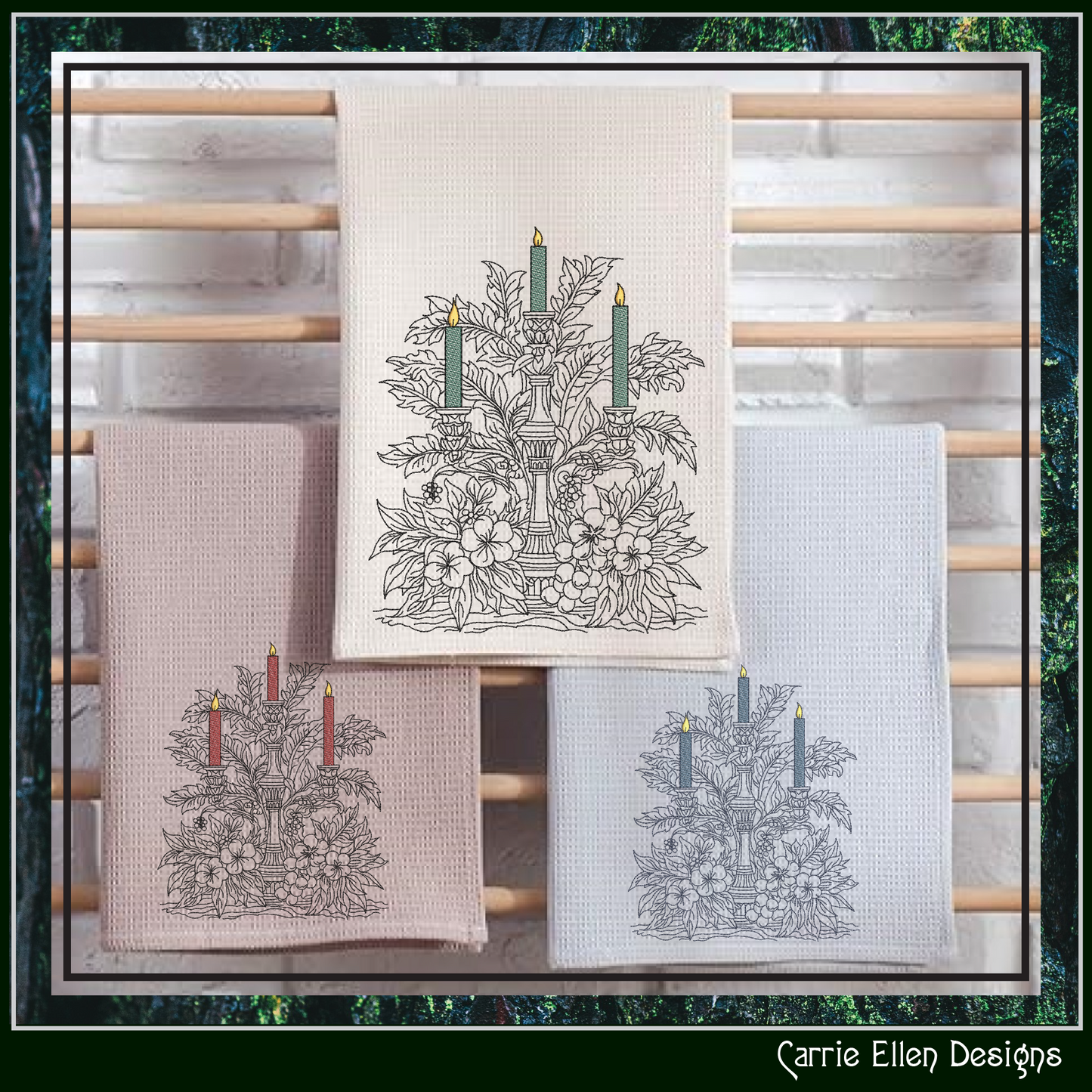 Elegant Floral Candle Centerpiece Machine Embroidery Design, Artistic Candelabra Sketch, Holiday Design, 6 Sizes (3025)