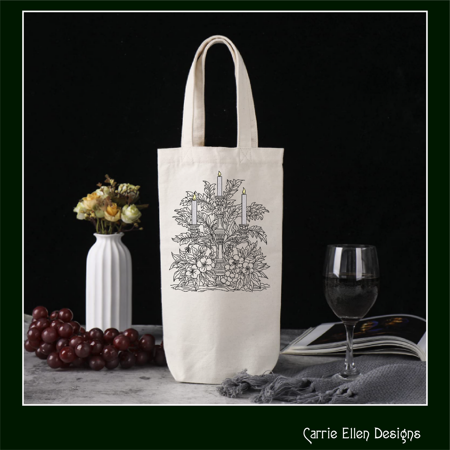 Elegant Floral Candle Centerpiece Machine Embroidery Design, Artistic Candelabra Sketch, Holiday Design, 6 Sizes (3025)