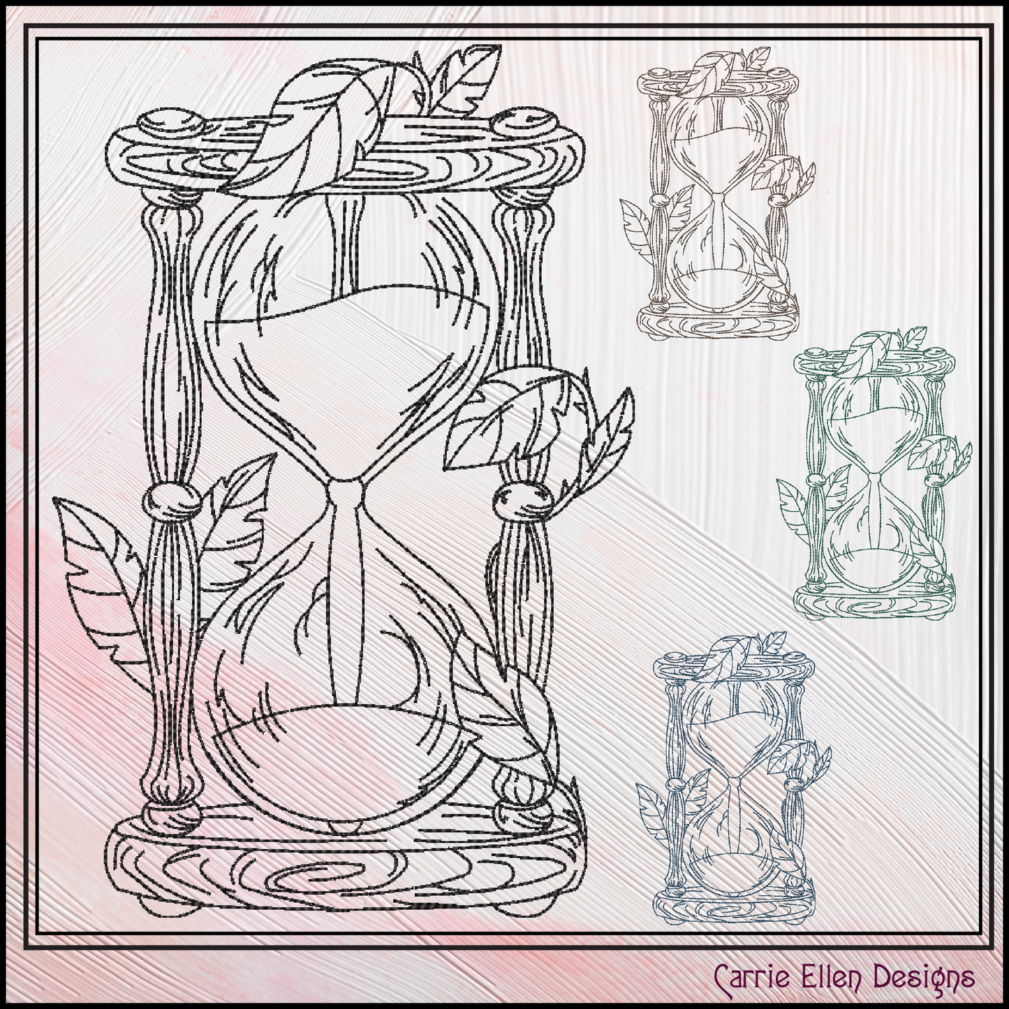 Hourglass Machine Embroidery Design, Woodlands Nature Framed Line Art Timepiece Sketch Design, 6 Sizes (3026)