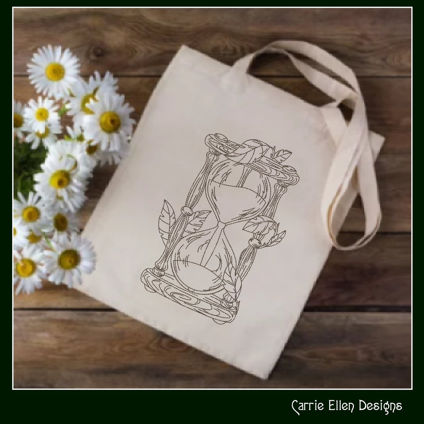 Hourglass Machine Embroidery Design, Woodlands Nature Framed Line Art Timepiece Sketch Design, 6 Sizes (3026)