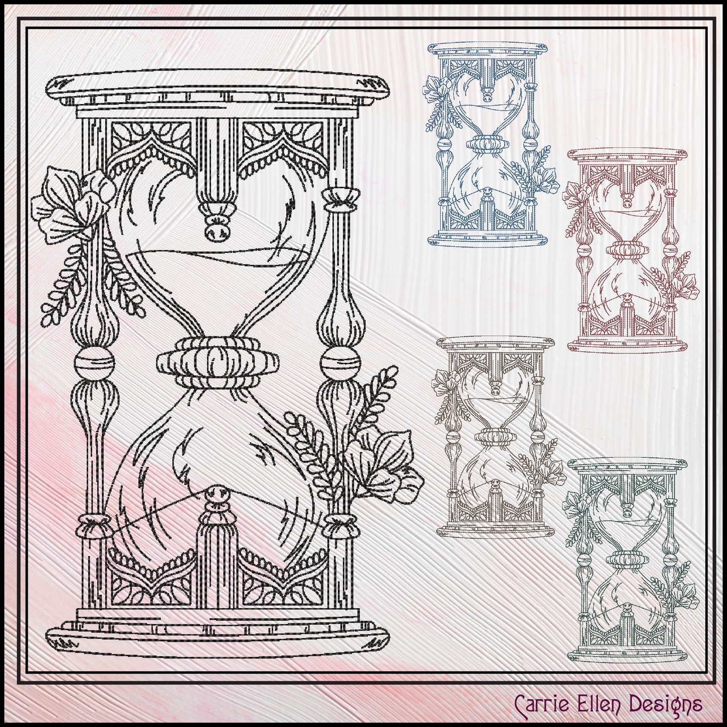 Floral Hourglass Machine Embroidery Design, Wildflower Framed Line Art Timepiece Sketch Design, 6 Sizes (3027)