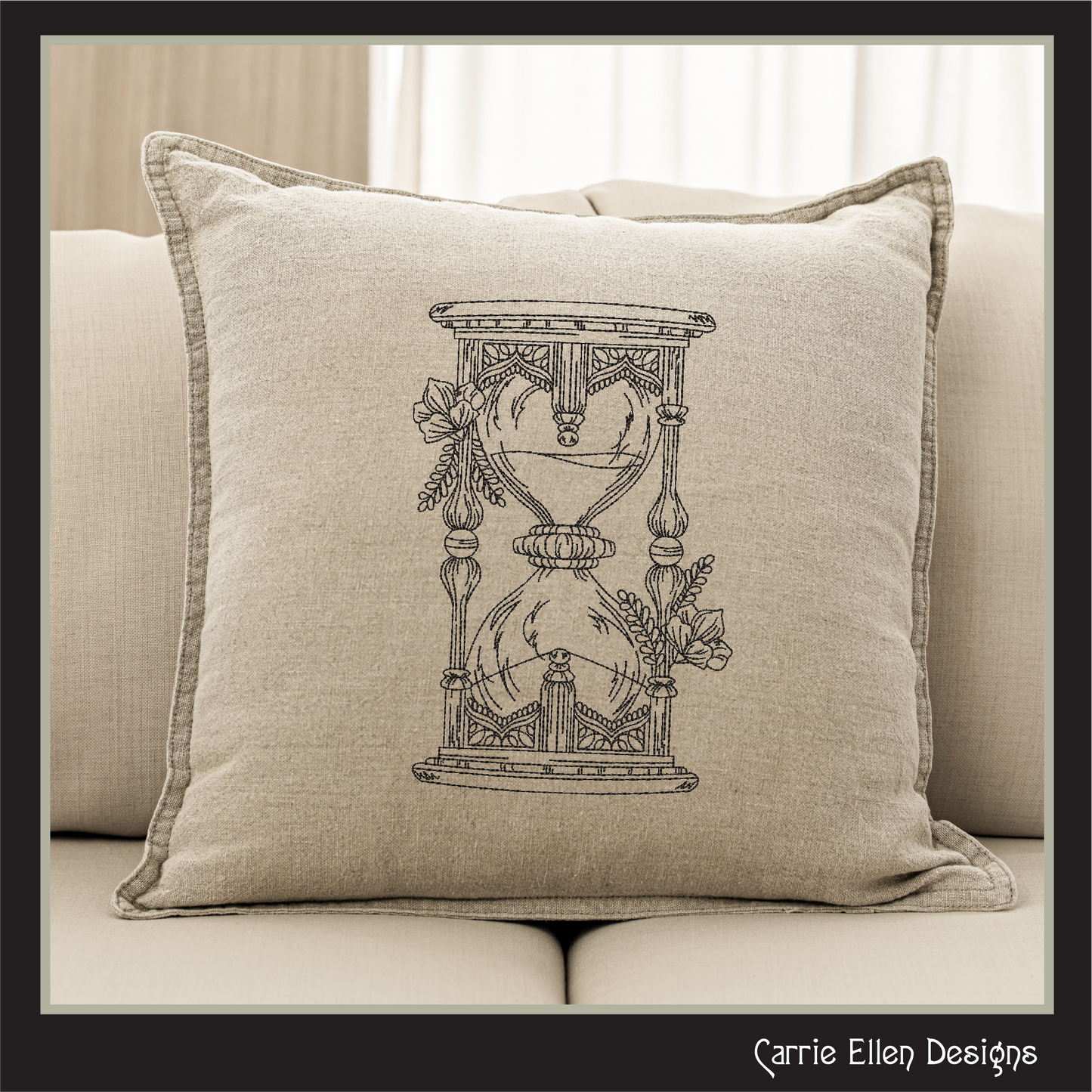 Floral Hourglass Machine Embroidery Design, Wildflower Framed Line Art Timepiece Sketch Design, 6 Sizes (3027)