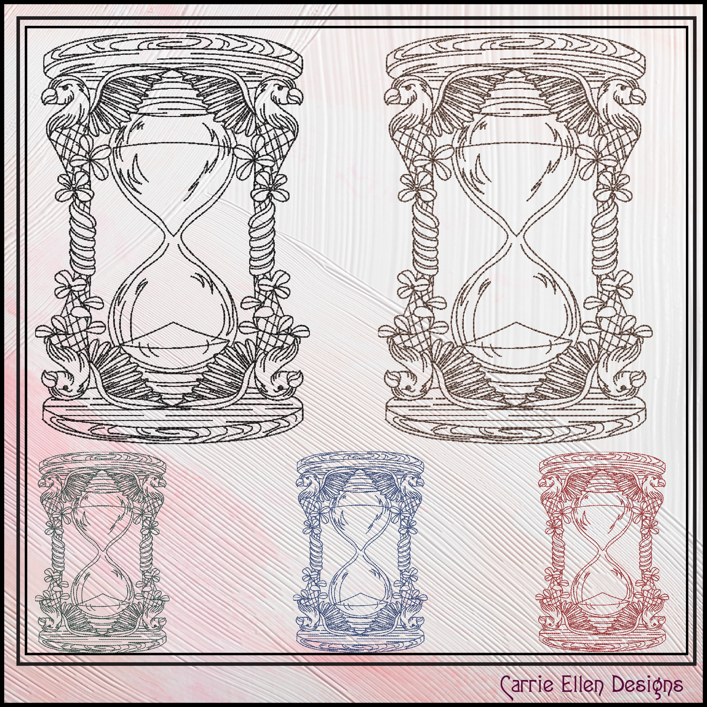 Parrot Hourglass Machine Embroidery Design, Tropical Bird Framed Line Art Timepiece Sketch Design, 6 Sizes (3028)