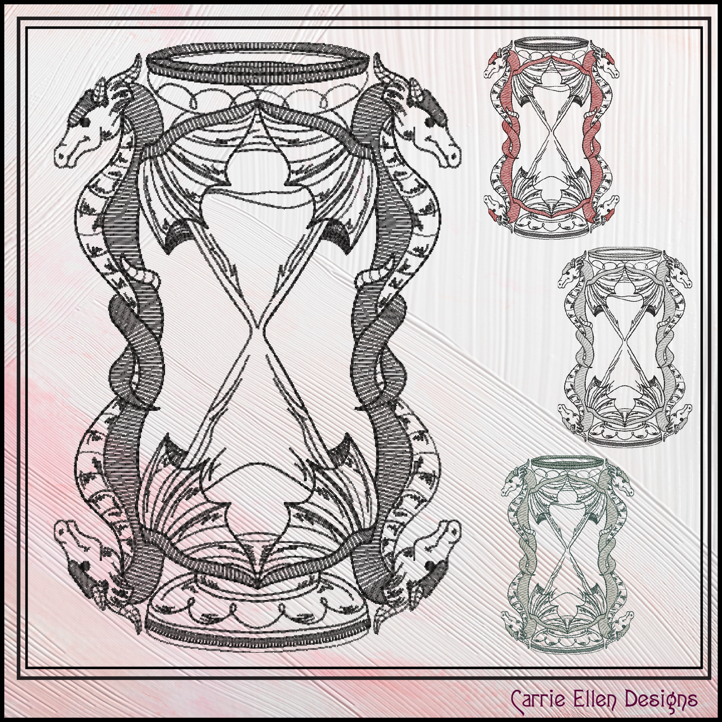 Dragon Hourglass Machine Embroidery Design, Fantasy Dragon Framed Line Art Timepiece Sketch Design, 6 Sizes (3029)