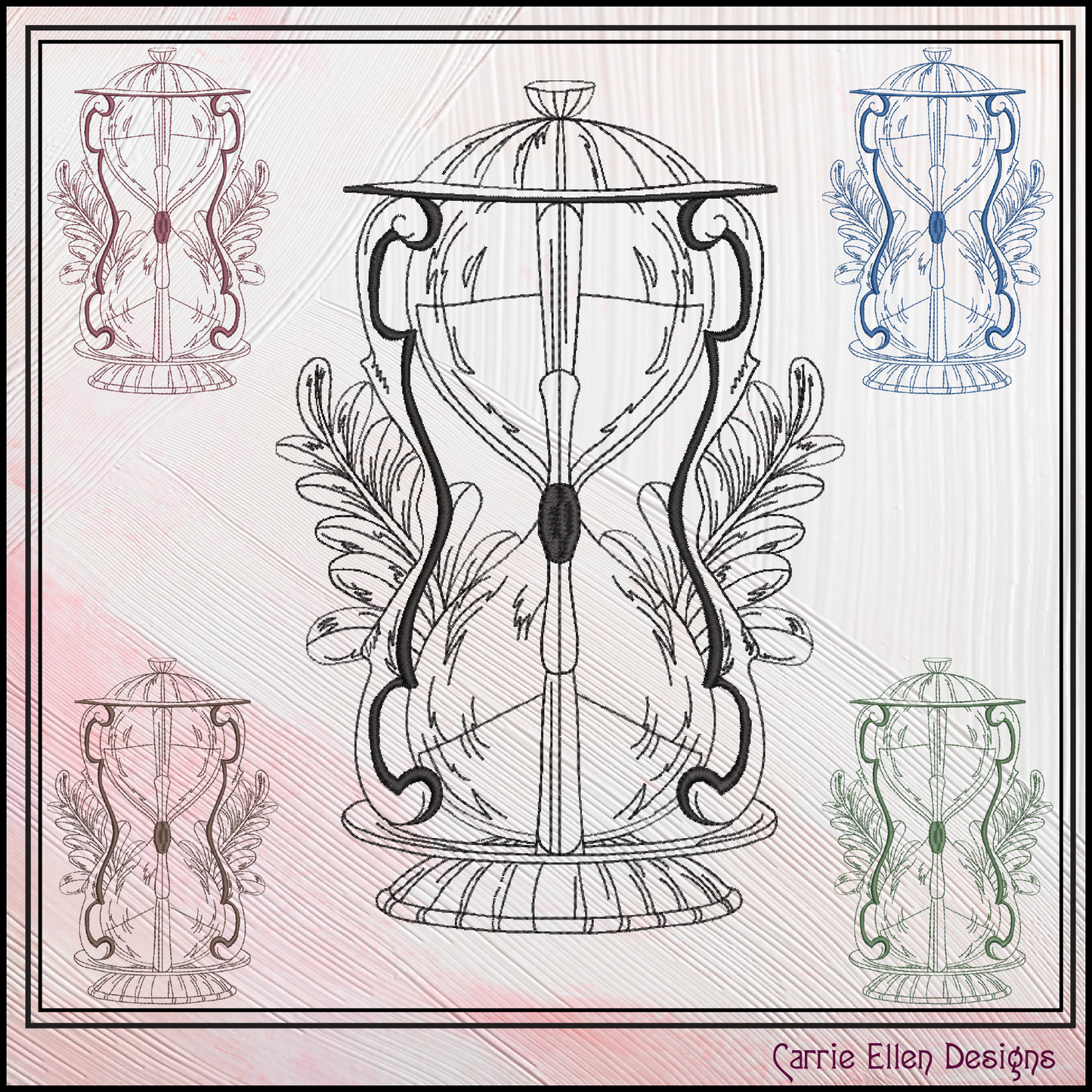 Hourglass Machine Embroidery Design, Eucalyptus Leaf Line Art Timepiece Sketch Design, 6 Sizes (3031)
