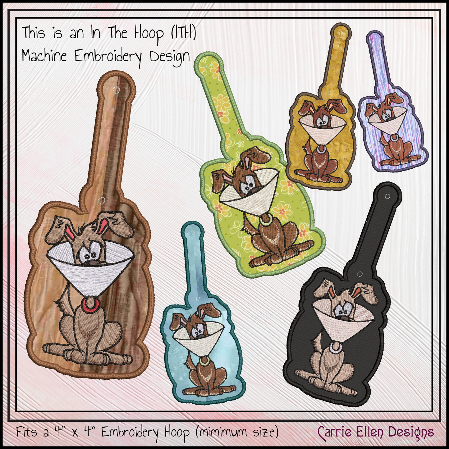 Dog Humor ITH Key Fob Machine Embroidery Design | Cartoon Dog with Cone Collar In-The-Hoop Key Tag (3045)