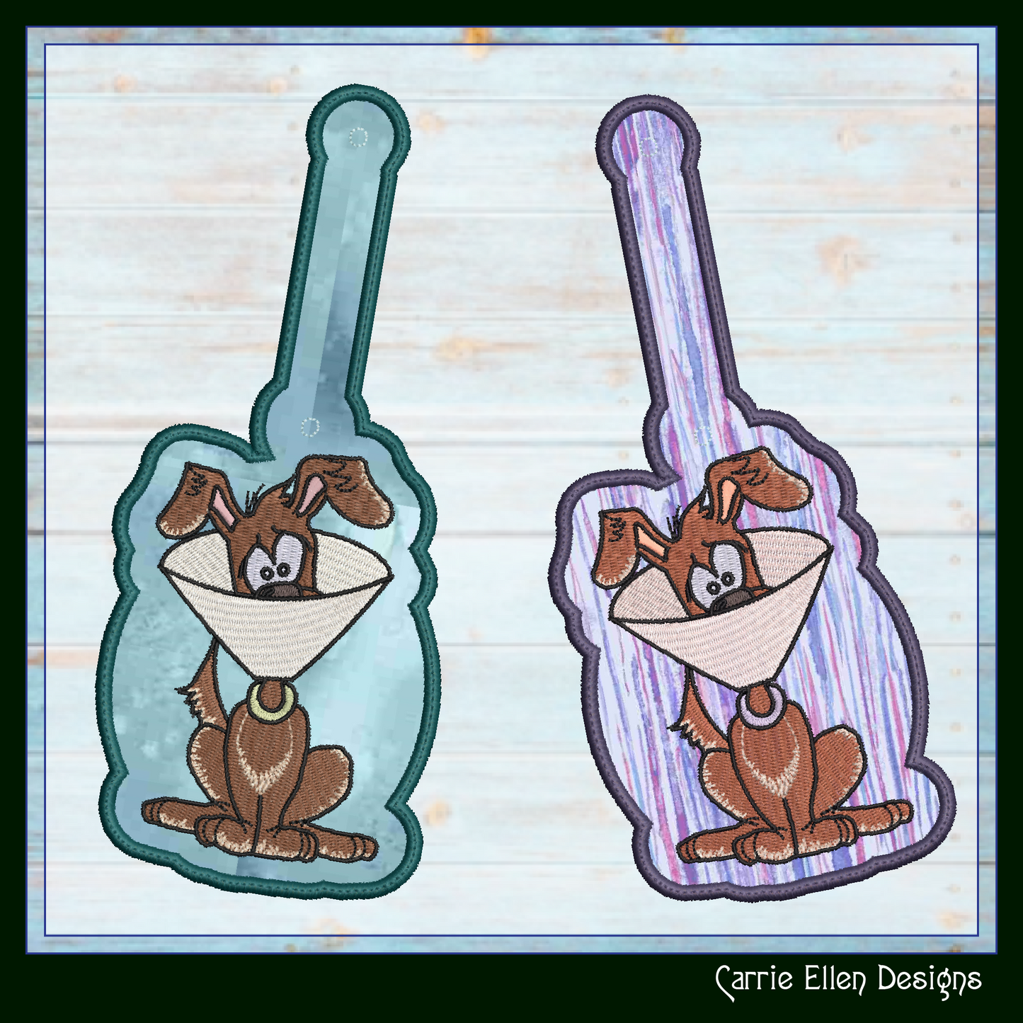 Dog Humor ITH Key Fob Machine Embroidery Design | Cartoon Dog with Cone Collar In-The-Hoop Key Tag (3045)