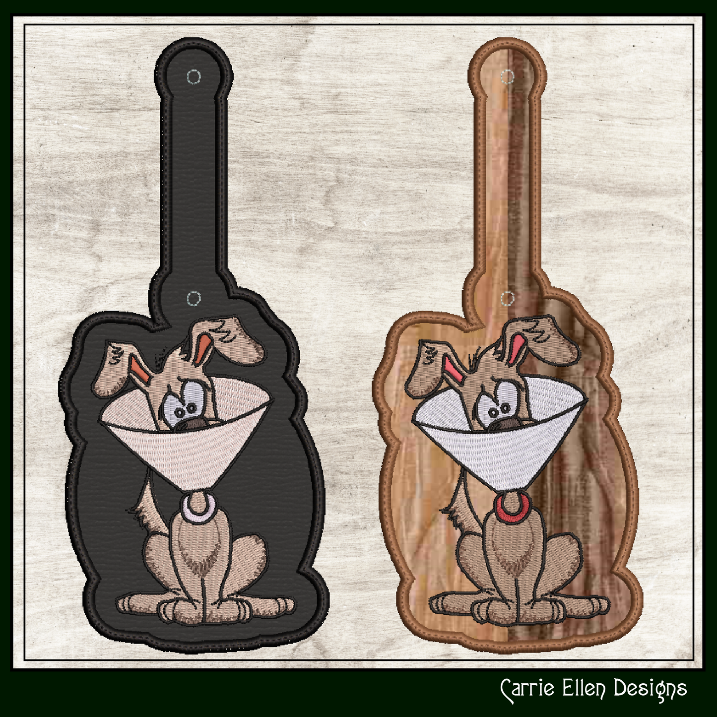 Dog Humor ITH Key Fob Machine Embroidery Design | Cartoon Dog with Cone Collar In-The-Hoop Key Tag (3045)