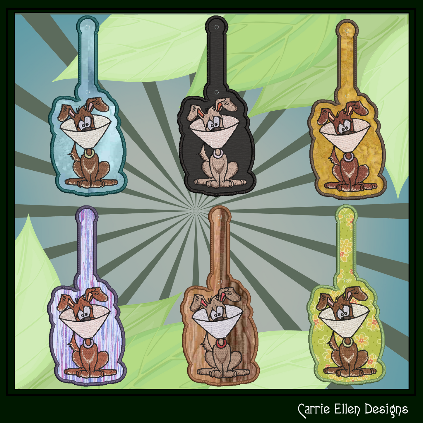 Dog Humor ITH Key Fob Machine Embroidery Design | Cartoon Dog with Cone Collar In-The-Hoop Key Tag (3045)