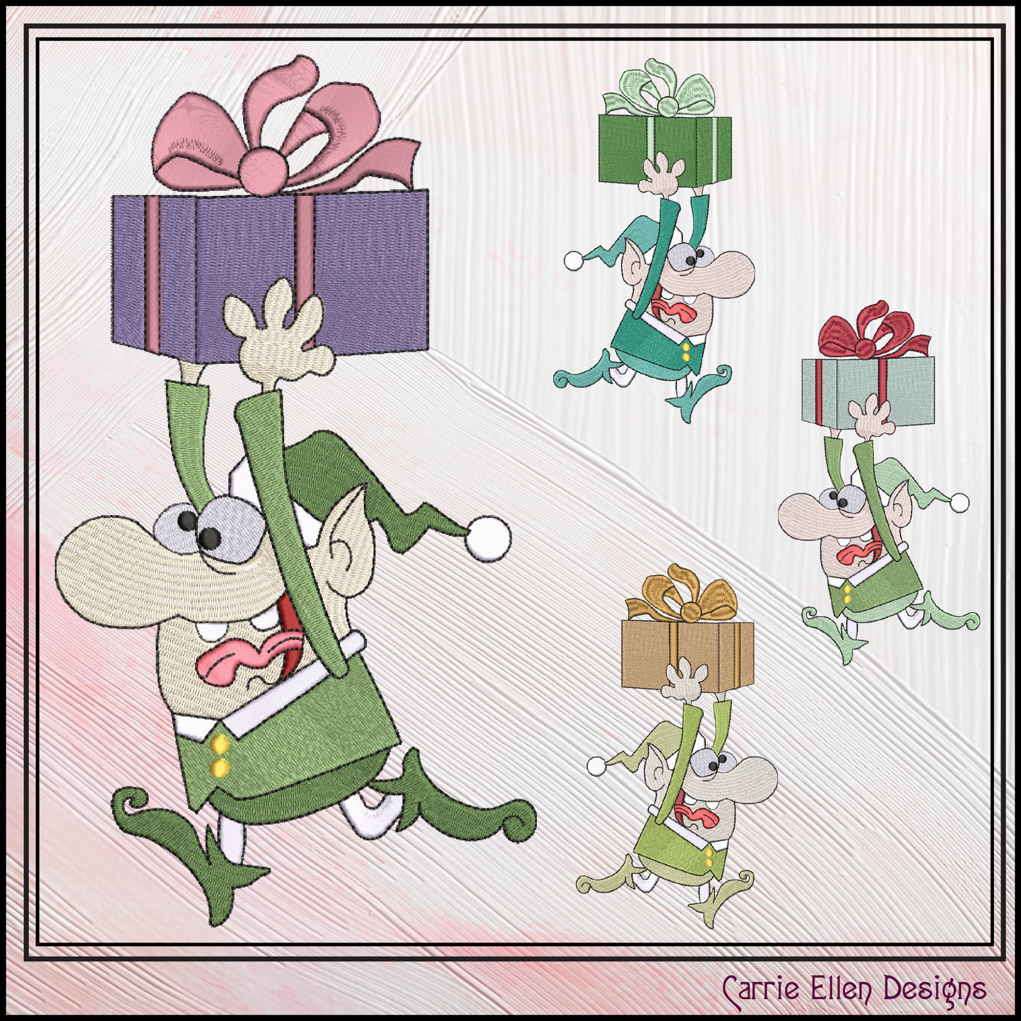 Christmas Elf Machine Embroidery Design, Funny Elf Running with Present, X-mas Holiday Cartoon Design, 6 Sizes (3059)