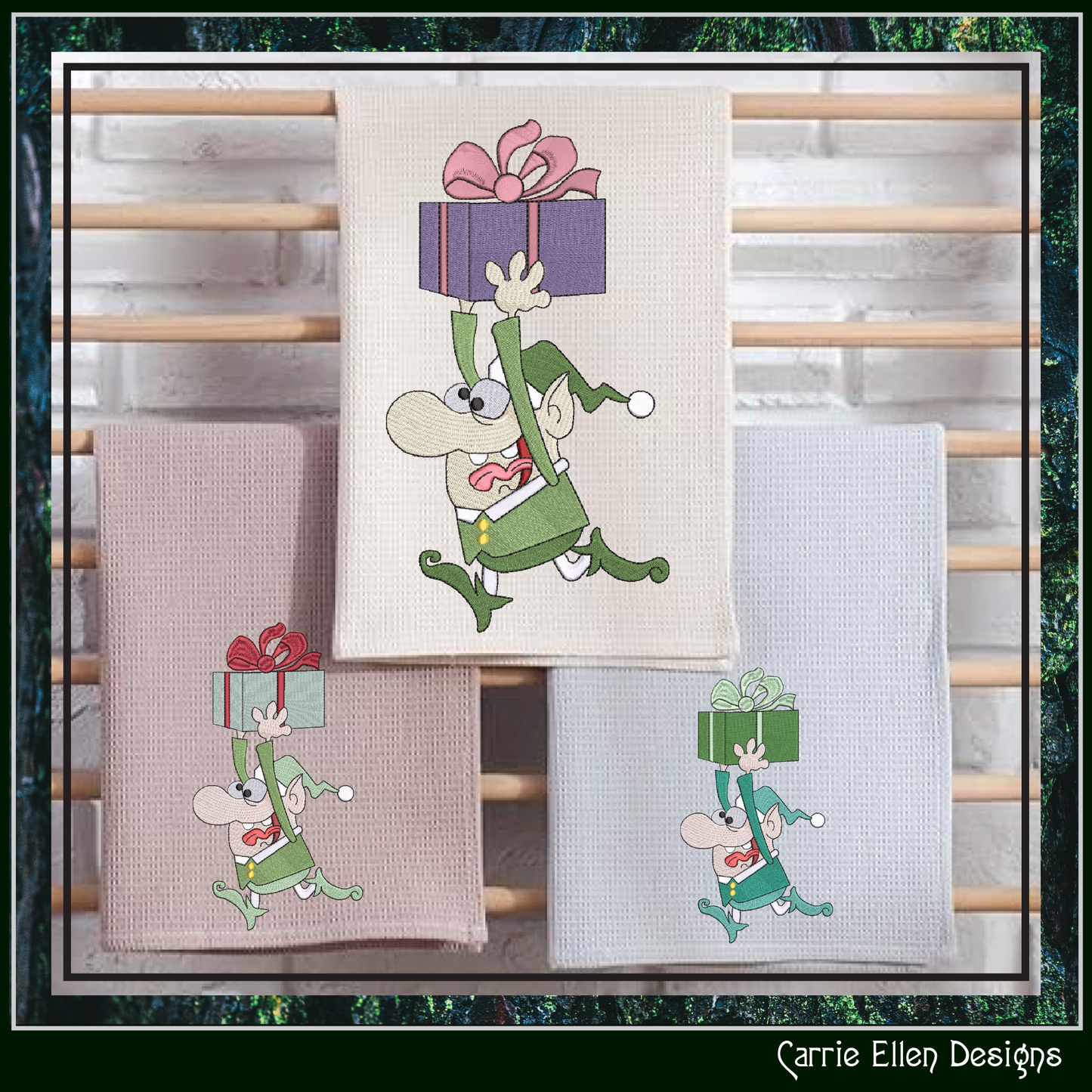 Christmas Elf Machine Embroidery Design, Funny Elf Running with Present, X-mas Holiday Cartoon Design, 6 Sizes (3059)