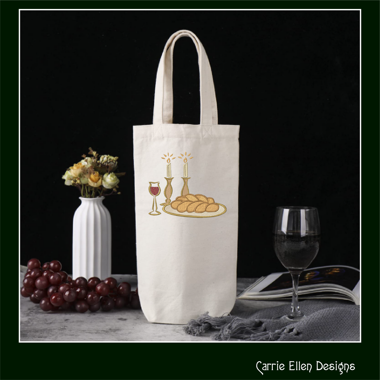 Candlelight Shabbat Machine Embroidery Design, Shabbat Candles Judaism Religious Design, Challah Wine and Candles, 6 Sizes (3069)