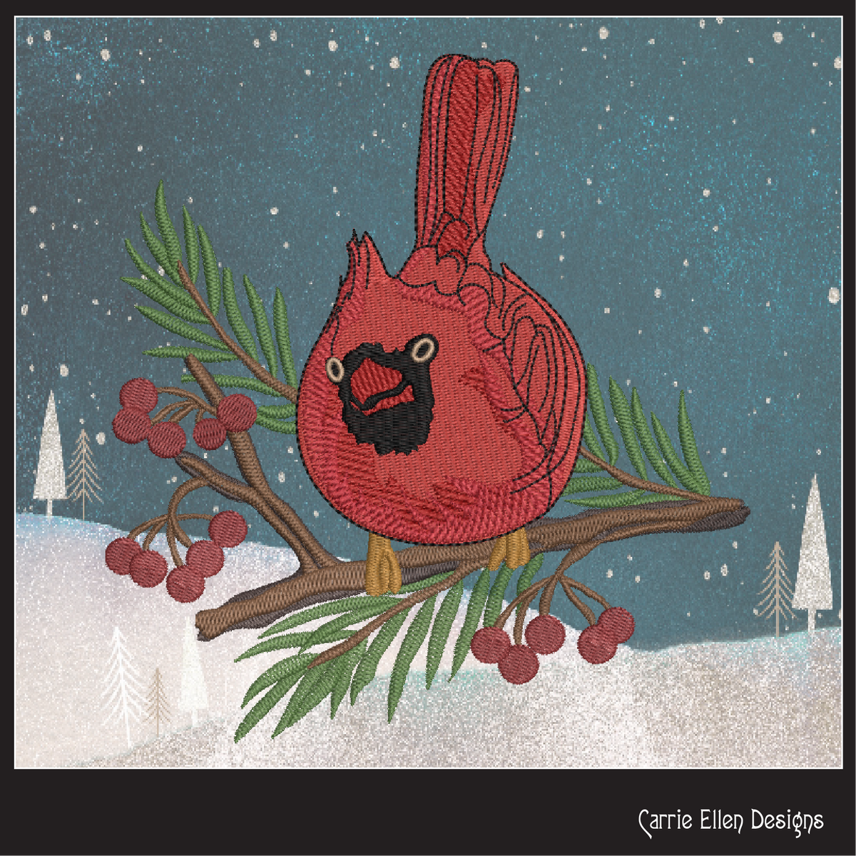Red Cardinal on Pine Branch with Winter Berries Machine Embroidery Design, 3 Sizes (3071)
